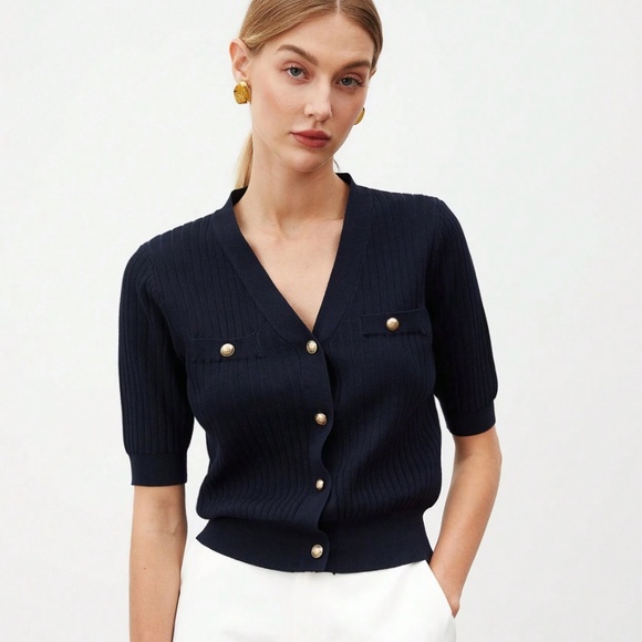 Navy Blue V-neck Knit Short Sleeve Cardigan Shirt Button Up - Picture 1 of 8